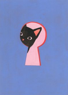 a painting of a black cat peeking out of a pink keyhole on a blue background