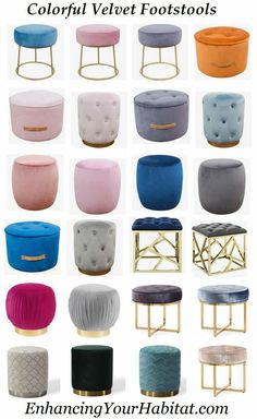 different colored velvet foot stools with gold legs and feet on the bottom, in various colors