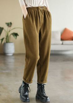 Corduroy Pants, Elastic Waist, Elastic, Yellow, Pants, Trousers