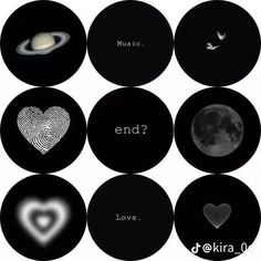 six black and white circles with different symbols on them, including the word love in each circle