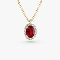 14K Gold Oval Cut Ruby Halo Diamond Necklace Layering Diamond Necklaces, Antique Gold Rings, Ruby And Diamond Necklace, Diamond Necklace Set, Ruby Necklace, White Gold Necklaces, Ruby Jewelry, Diamond Color, Necklace Sizes