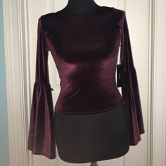 Cute Top If You Have Something To Dress Up For! Belle Sleeves, Tight Fit, Low Back, Never Worn Nwt. Wine Color Fitted Burgundy Tops For Night Out, Burgundy Stretch Top For Night Out, Stretch Burgundy Tops For Night Out, Purple Stretch Blouse For Night Out, Fitted Burgundy Top For Evening, Fitted Burgundy Blouse For Party, Fitted Burgundy Tops For Date Night, Sleeved Crop Top, Wine Color