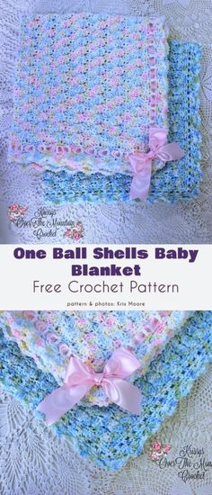 one ball shells baby blanket free crochet pattern is shown in blue and pink