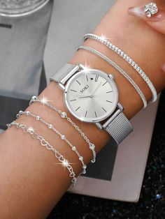 Free Returns ✓ Free Shipping✓. Ladies Watch 6pcs/Set Women's Gold Tone Love Letter Face Stainless Steel Mesh Strap Casual Simple Quartz Watch And Bracelet Set Watch For Women Giving Best Gift Sets- Women Watch Sets at SHEIN. Fancy Watches, Watch For Women, Stainless Steel Mesh, Steel Mesh, Type 4, Women Wrist Watch, Ladies Watch, Women's Watch, Kids Jewelry