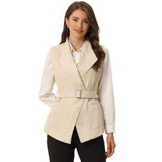 Lapel Collar Vest For Office In Fall, Fall Lapel Collar Vest For Workwear, Spring Business Vest With Button Closure, Business Casual Fall Vest With Lapel Collar, Fall Blazer With Vest For Workwear, Fall Workwear Blazer With Vest, Spring Semi-formal Single Breasted Vest, Elegant Beige Single Breasted Vest, Sleeveless Beige Business Vest