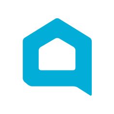 an image of a blue house with a speech bubble in the middle on a white background