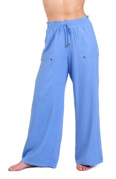 Drawstring ties with goldtone tips bring casual-cool style to these airy smocked-waist pants with breezy wide legs for poolside perfection. 30 1/2" inseam; 27" leg opening; 12 1/2" front rise; 15" back rise (size medium) Elastic/drawstring waist Side-seam pockets 80% rayon, 20% linen Hand wash, line dry Imported Summer Vacation Wide Leg Pants With Pull-on Style, Vacation Tie-side Bottoms With Elastic Waistband, Wide Leg Pants With Pockets For Beach Season, Versatile Wide Leg Pants For Vacation, Versatile Wide Leg Beach Pants, Versatile Wide Leg Pants For Beach, Linen Beachwear Bottoms With Drawstring, Linen Drawstring Beachwear Bottoms, Beachwear Pants With Pockets For Spring