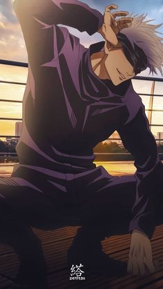 an anime character sitting on a bench with his hands behind his head and the sun in the background