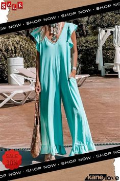 Fashion Casual V-neck Ruffled Jumpsuit for Women Trendy Summer V-neck Jumpsuits And Rompers, Trendy V-neck Jumpsuits And Rompers For Summer, Casual Summer Jumpsuits And Rompers With Ruffles, Chic V-neck Jumpsuits And Rompers For Beach Season, Summer Ruffle Jumpsuits And Rompers, Summer Ruffled One-piece Jumpsuits And Rompers, Summer Ruffles One-piece Jumpsuits And Rompers, Summer One-piece Jumpsuits And Rompers With Ruffles, Chic Beach Jumpsuits And Rompers With Ruffles