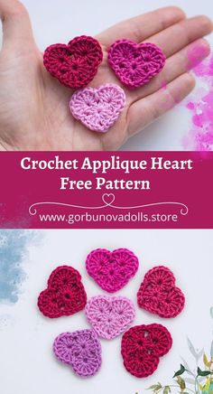 the crochet applique heart pattern is shown in pink and purple colors