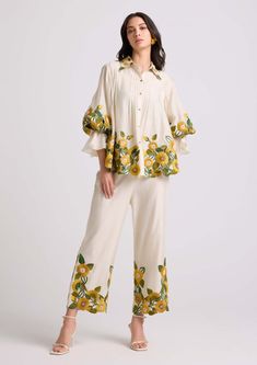 Ivory Sunflower Pants by Chandrima available on Indiaspopup.com Sunflower Pants, Embroidery Sunflower, Plus Size Wide Leg Pants, Sunflower Shirt, Coord Set, International Style, Summer 24, Border Print, Flounce Sleeve