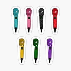 six different types of pens stickers on a white background, all in different colors