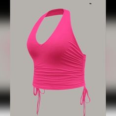 Shein Icon Plus Halter Neck Drawstring Backless Crop Top. Size:14 Bust: 36.2" Length: 18.50" Seamless Halter Top For Summer Nights, Summer Club Halter Top With Built-in Bra, Strappy Halter Top For Summer Clubbing, Pink Stretch Halter Top With T-back, Fitted Pink Strappy Halter Top, Seamless Summer Halter Top For Party, Stretch Halter Top For Club In Spring, Seamless Halter Top For Summer Parties, Stretch Halter Top For Club And Spring