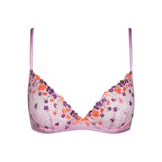 In Full Bloom: This Colorful And Chic Lace Bra Showcases Bursts Of Lilac With Neon Orange Floral Embroidery. Unlined Underwire Straps & Hooks Adjustable Straps Back Hook-And-Eye Closures Details & Fabric Scoop Neckline Ribbon Detail At Front Eyelet Details At The Edges Body: 63% Polyester, 37% Polyamide Lilac Purple With Neon Embroidery Spring Purple Bra With Padded Cups, Purple Padded Bra For Spring, Feminine Purple Underwire Bra, Feminine Purple Bra, Elegant Purple Bra For Spring, Elegant Purple Summer Bra, Spring Purple Lace Bra, Neon Embroidery, Floral Bra