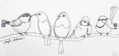 four birds sitting on top of a tree branch with one bird in the foreground