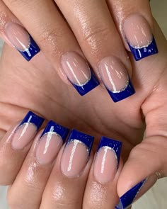 Nails Dark Blue, Blue French Tip Nails, Blue Prom Nails, Blue French Tip, Blue And Silver Nails, Royal Blue Nails, Dark Blue Nails, Navy Nails, Blue Glitter Nails