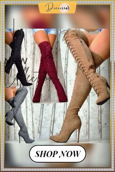 Women's Autumn and Winter High Heel Long Boots Solid Color Suede Bandage Pointed High Ladies Boots Knee High Boots Lace Up Boots Women, Boots Knee High, Ladies Boots, Zipper Boots, Boots High, Boots Women Fashion, Boots Knee, Long Boots, Shoes Casual