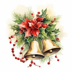 christmas bells with holly and red berries