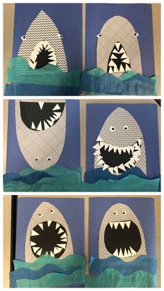 paper cut out of the shape of a shark with its mouth open and teeth wide