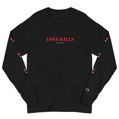 Love Kills [Wish You Were Here] Long Sleeve Shirt (V-Day Edition) • 100% cotton • Fabric weight: 5.2 oz/y² (176.3 g/m²) • Regular fit • Taped crew neck • Double-needle stitched bottom hem • Ribbed knit cuffs • Champion "C” logo on the left sleeve • Blank product sourced from El Salvador or Honduras This product is made especially for you as soon as you place an order, which is why it takes us a bit longer to deliver it to you. Making products on demand instead of in bulk helps reduce overproduct Cotton Long Sleeve Shirt With Logo Print, Long Sleeve Slogan Shirt In Relaxed Fit, Long Sleeve Branding T-shirt For Streetwear, Fall Streetwear Shirt With Text Print, Long Sleeve T-shirt For Streetwear, Long Sleeve Cotton T-shirt With Band Merch, Long Sleeve Slogan Tops Band Merch, Branded Long Sleeve Tops For Streetwear, Long Sleeve Text Print Shirt For Streetwear