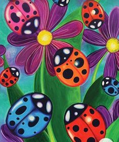 a painting of ladybugs and daisies on a green plant with purple flowers