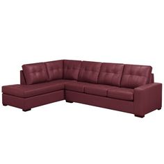 a red leather sectional sofa with chaise lounger and ottoman in the back, on an isolated white background