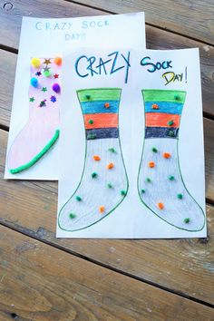 the crafty sock is made with crayons and beads on paper, which reads crazy socks day