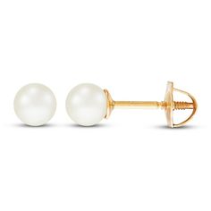 These classic children's earrings feature beautiful freshwater cultured pearls set in 14K yellow gold. The earrings safely secure with screw backs. Leo Diamond, Neil Lane Engagement Rings, Pearl Diamond Jewelry, Cross Jewelry Necklace, Fan Jewelry, Diamond Wedding Rings Sets, Classic Earrings, Pearl Jewellery Earrings, Pearl Set