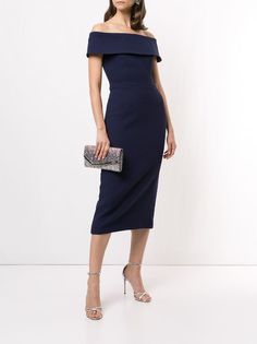 Rebecca Vallance Amore off-shoulder Midi Dress - Farfetch Navy Blue Midi Dress, Midi Dress Blue, Rebecca Vallance, Black Tie Affair, Navy Midi Dress, Roland Mouret, Business Dresses, Blue Midi Dress, Navy Blue Dresses