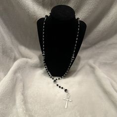 Full length rosary inspired necklace featuring an ankh charm. Spiritual Crucifix Necklace With 8mm Beads, Beaded Spiritual Cross Pendant Necklace, Spiritual Beaded Cross Pendant Necklace, Silver Cross Beaded Necklace For Spiritual Style, Silver Spiritual Cross Beaded Necklace, Beaded Crucifix Necklace, Spiritual Silver Cross Beaded Necklace, Spiritual Cross Necklace With Beaded Chain, Spiritual Ankh Necklace With Adjustable Chain