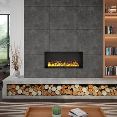 a living room with a fire place and bookshelves on the wall next to it