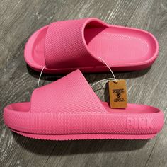 New With Tags Victoria's Secret Pink Pillow Slides Sandals Size S 5/6 Comfortable Pink Open Toe Slides, Pink Slippers With Textured Footbed For Vacation, Pink Vacation Slippers With Textured Footbed, Pink Textured Footbed Slippers For Vacation, Vacation Pink Slippers With Textured Footbed, Pink Textured Slip-on Slides, Comfortable Pink Platform Sandals, Pink Cushioned Slippers For Spring, Pink Open Toe Casual Slippers