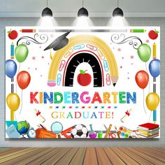 an image of a children's graduation banner with balloons, books and school supplies