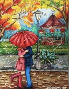 a painting of two people under an umbrella in the rain by a gazebo and flowers