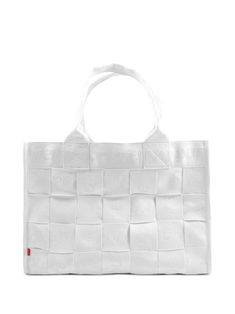 white interwoven design jacquard logo motif two top handles main compartment Designer White Square Bag, Designer White Square Bags, White Square Bags With Leather Handles, Modern White Shoulder Bag With Handles, Designer White Shoulder Bag With Braided Handles, Modern White Bags With Reinforced Handles, White Bags With Reinforced Double Handles, White Double Handle Bag With Reinforced Handles, White Bags With Reinforced Handles