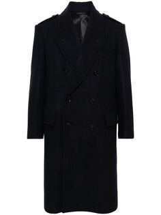 navy blue virgin wool herringbone peak lapels epaulettes long sleeves chest welt pocket two front flap pockets central rear vent full lining double-breasted button fastening Navy Wool Coat, Mens Wool Coats, Herringbone Coat, Balenciaga Triple S, Double Breasted Coat, Outerwear Coats, Herringbone Pattern, Summer Beach Wear, Mens Outerwear