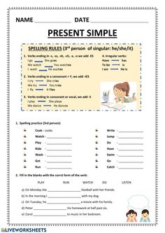 an english worksheet with the words present simple