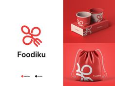 the logo for foodiku is shown in three different styles and colors, including red