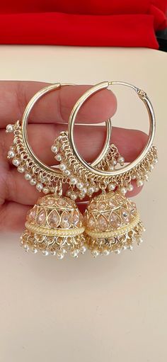 Height = 2 .5 inches Best gift option for your loved ones comes in an exquisite gift box. Highest quality and craftsmanship. Punjabi Accessories, Indian Wedding Sangeet, Capsule Wardrobe Jewelry, Kundan Jhumka, Desi Jewelry, Pakistani Earrings, Wedding Jewelry Sets Bridal Jewellery, Gold Jhumka Earrings, Jewelry Kundan