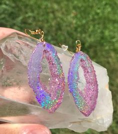 Clear Pink Holographic Geode Earrings | Etsy Holographic Color, Rainbow Sparkle, Pink Holographic, Geode Earrings, Gem Earrings, Boho Festival, Matching Necklaces, Resin Crafts, Cute Jewelry