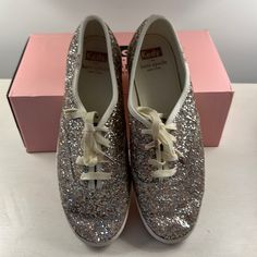 Never Worn Kate Spade Glitter Keds With Satin And Regular Laces. Gold And Silver. Silver Sparkling Lace-up Sneakers, Casual Silver Sparkling Sneakers, Casual Silver Glitter Sneakers, Silver Party Sneakers For Spring, Spring Silver Party Sneakers, Silver Glitter Print Lace-up Sneakers, Silver Sparkling Synthetic Sneakers, Sparkling Silver Synthetic Sneakers, Silver Sparkling Party Sneakers