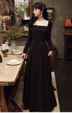 Korean Frock Design Aesthetic, Old Money Dresses Prom, Black Dress Classy Elegant Long Formal, Full Coverage Dress, Victorian Style Dresses Modern, Dark Princesscore Outfits, Elegant Western Outfits Classy, Modest Black Dress Classy, Gothic Style Dress