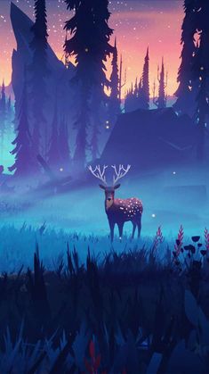 a deer standing in the middle of a forest at night