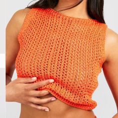 Nwt Boohoo Crochet Orange Top. Came As A Two Piece, But Only Selling The Top. Never Worn, Perfect Condition. With Tags. Originally $55 For Set, Selling Top By Itself For $10. *Smoke-Free Home* Please Note, If Purchasing You Will Only Receive The Top, Not The Skirt. Trendy Knitted Crochet Top For Beach, Beach Pointelle Knit Fitted Crop Top, Summer Beach Crop Top In Pointelle Knit, Pointelle Knit Crop Top For Summer Beach, Beach Fitted Pointelle Knit Crop Top, Orange Knit Beach Top, Orange Summer Crochet Top, Knit Crop Top For The Beach, Stretch Summer Crochet Top