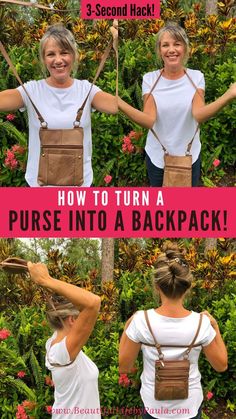 Easy hack for how to turn a purse into a backpack in 3 seconds flat! Your mind will be blown! Turn any purse, crossbody bag, shoulder bag, or messenger bag into a comfortable backpack in just 3 simple steps! How To Make A Purse Into A Backpack, How To Turn A Purse Into A Backpack, Purse To Backpack, Backpack Straps Diy, Purse Hacks, Backpack Hacks, Bag Hacks, Working Wardrobe, Artsy Crafts