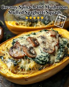 an image of stuffed spaghetti with mushrooms and spinach