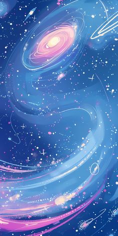 an abstract background with stars and swirls in blue, pink and purple colors on the bottom half of the image