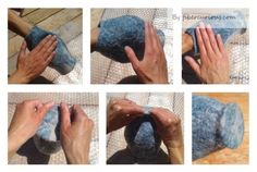 four pictures showing how to make a hat with yarn and felt, step by step