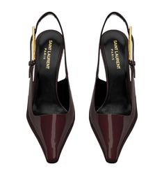 Find SAINT LAURENT Lee Slingback Pumps 110 on Editorialist. A knife-edge pointed toe and slanted stiletto heel shape this unique shoe. Saint Laurent is a House that takes inspiration from art and architecture, and this shoe is a structural work of art. The slingback features a bold gold-tone buckle and the topline is square-shaped in place of the conventional rounded look. Saint Laurent Heels, Fancy Footwear, Luxury Hampers, Unique Shoes, Square Cut, Slingback Pump, Dream Shoes, Heeled Loafers, Black Pumps