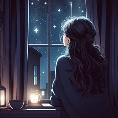 a woman looking out the window at stars in the night sky, with a lantern beside her